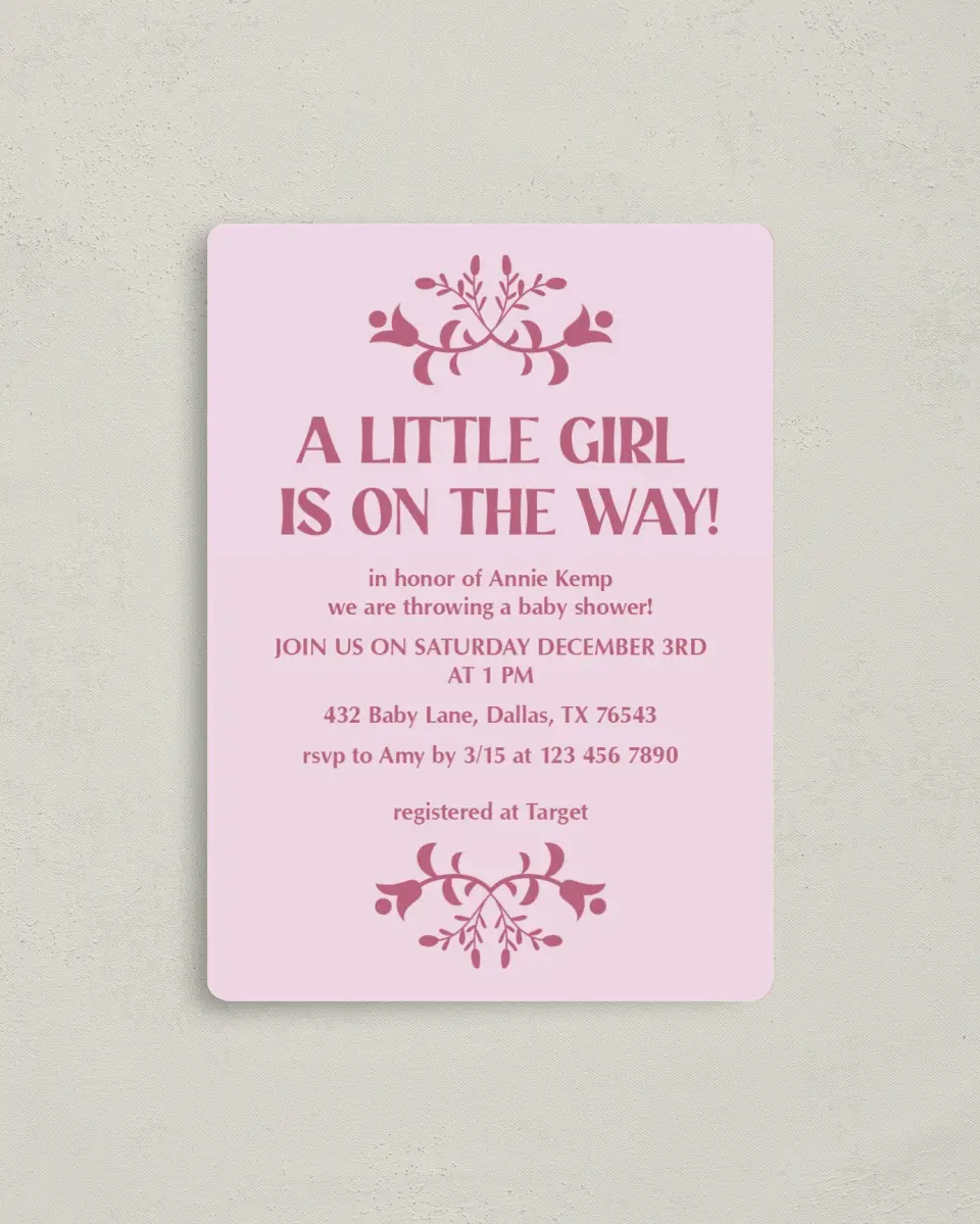 This is a 4" x 5½" Baby Shower Invitation Magnet called Pink Party printed in full color with a Luxe Satin finish