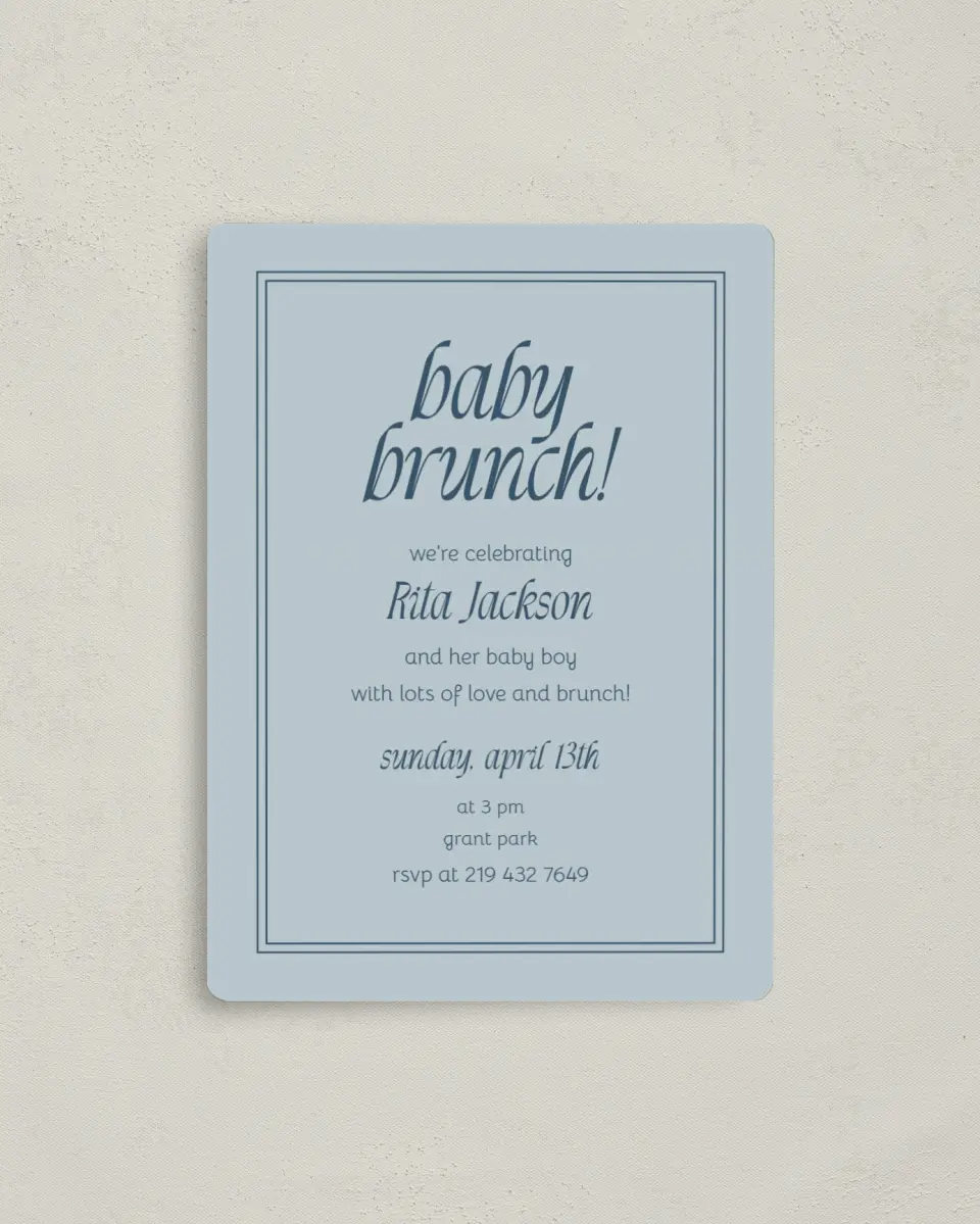 This is a 4" x 5½" Baby Shower Invitation Magnet called Breezy Brunch printed in full color with a Luxe Satin finish