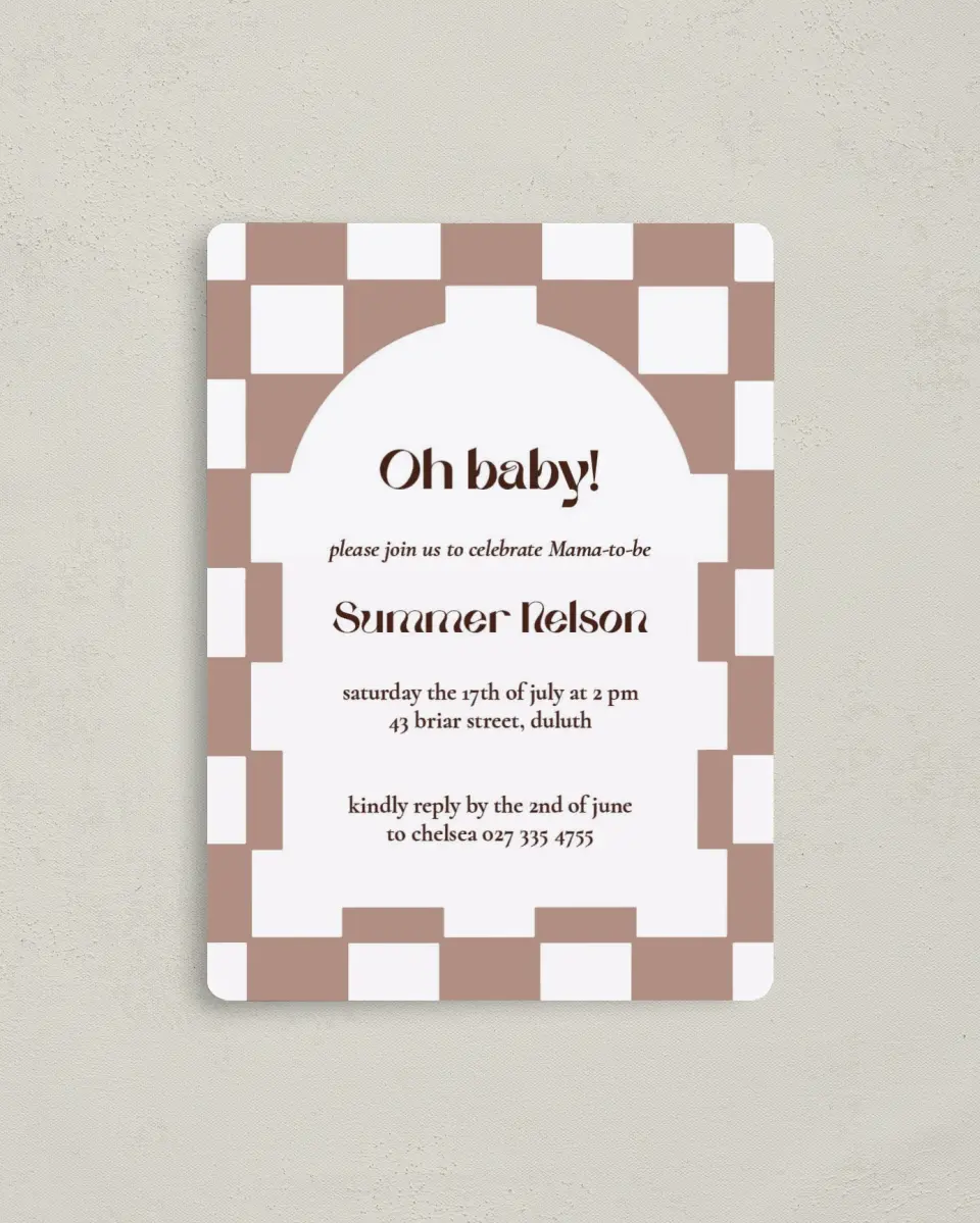 This is a 4" x 5½" Baby Shower Invitation Magnet called Checkered Celebration printed in full color with a Luxe Satin finish