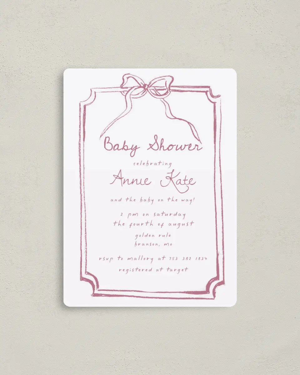 This is a 4" x 5½" Baby Shower Invitation Magnet called Careful Coquette printed in full color with a Luxe Satin finish