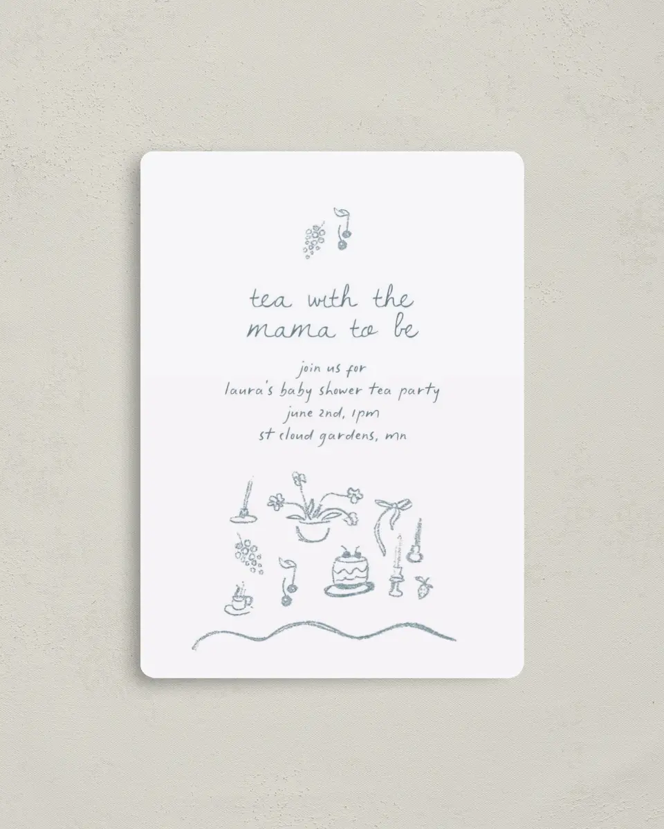 This is a 4" x 5½" Baby Shower Invitation Magnet called Teeny Tiny Tea printed in full color with a Luxe Satin finish