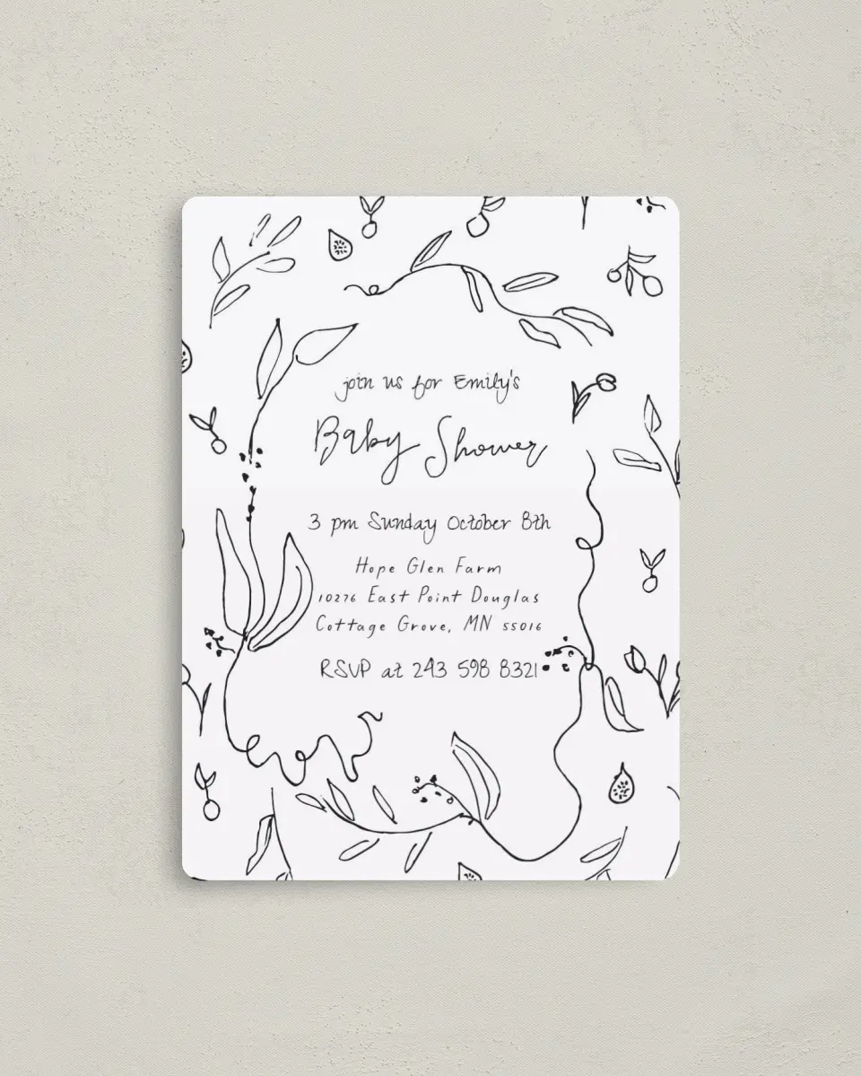 This is a 4" x 5½" Baby Shower Invitation Magnet called Fruit On The Vine printed in full color with a Luxe Satin finish