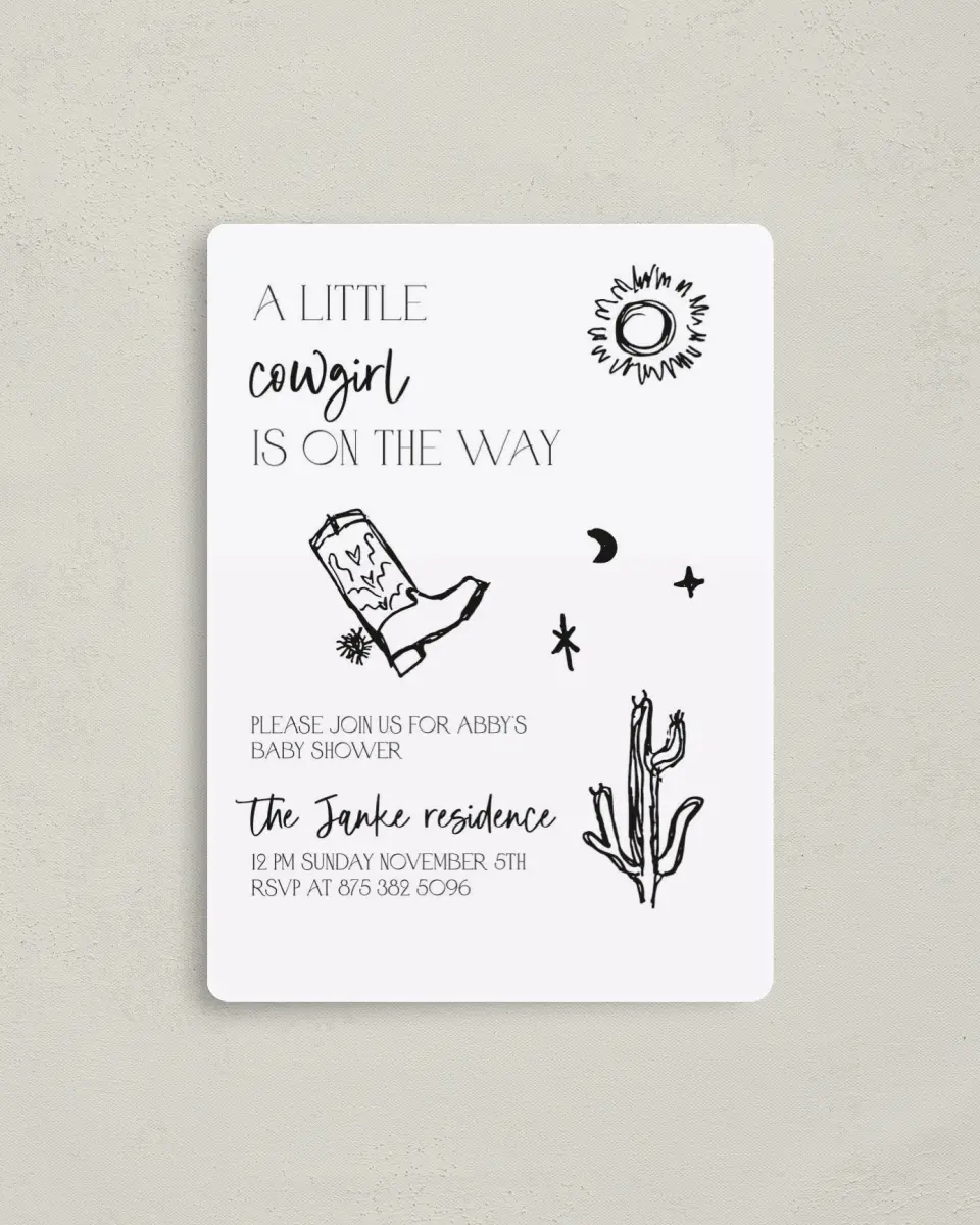 This is a 4" x 5½" Baby Shower Invitation Magnet called Little Cowgirl printed in full color with a Luxe Satin finish