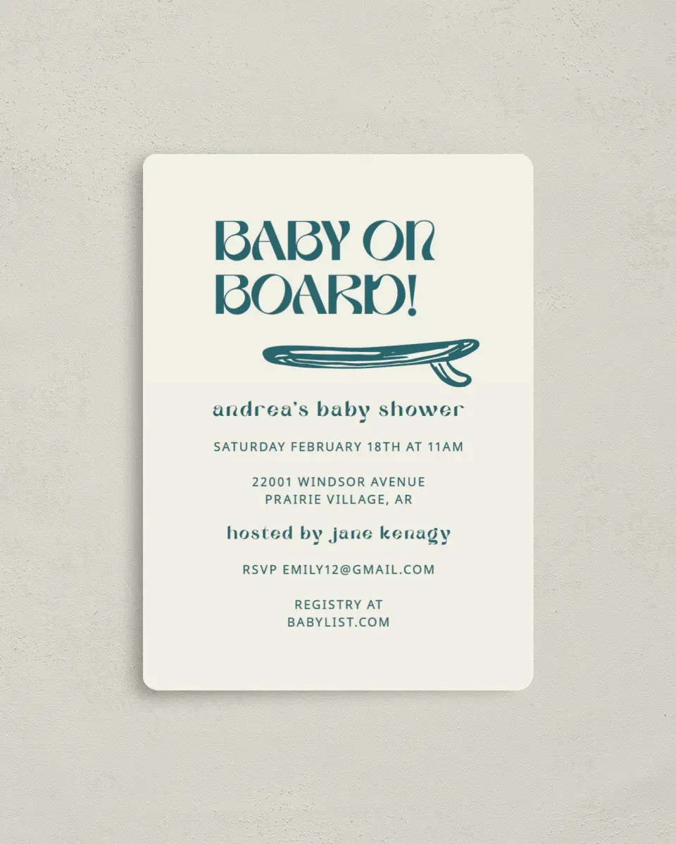 This is a 4" x 5½" Baby Shower Invitation Magnet called Ready for Surf printed in full color with a Luxe Satin finish