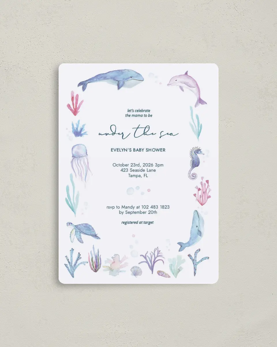 This is a 4" x 5½" Baby Shower Invitation Magnet called Under The Sea printed in full color with a Luxe Satin finish