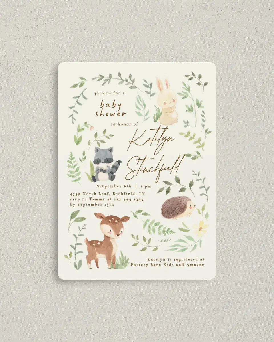 This is a 4" x 5½" Baby Shower Invitation Magnet called Forest Friends printed in full color with a Luxe Satin finish