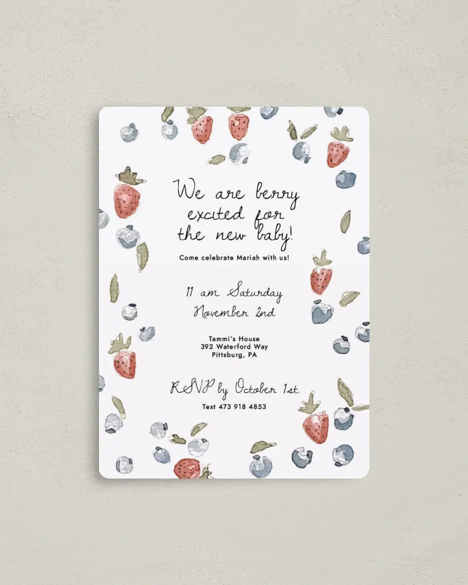 This is a 4" x 5½" Baby Shower Invitation Magnet called Baby Berries printed in full color with a Luxe Satin finish