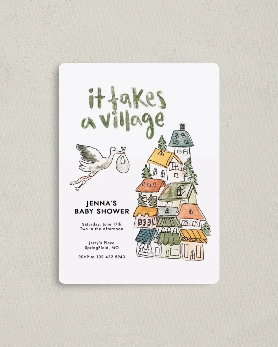 This is a 4" x 5½" Baby Shower Invitation Magnet called Little Villa Surprise printed in full color with a Luxe Satin finish