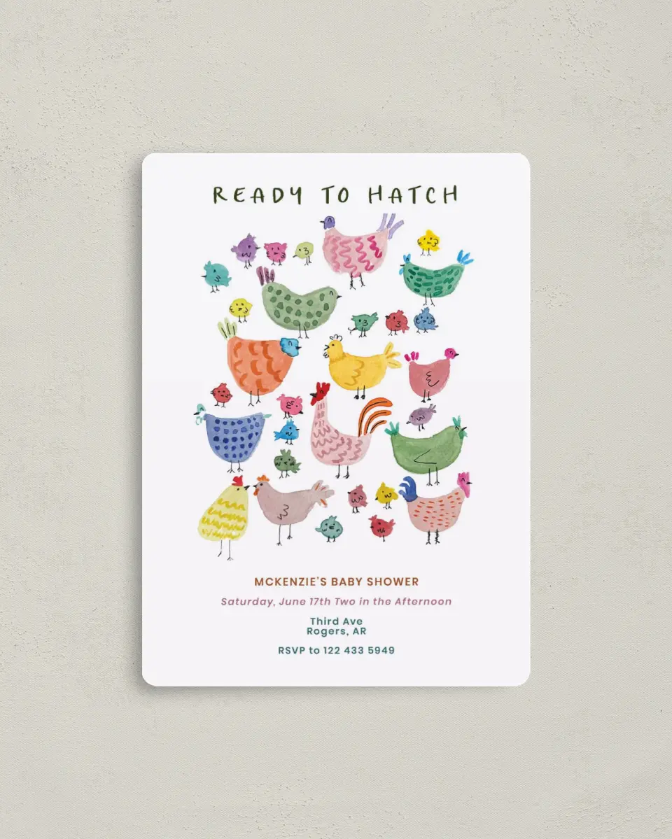 This is a 4" x 5½" Baby Shower Invitation Magnet called Little Chickadee printed in full color with a Luxe Satin finish