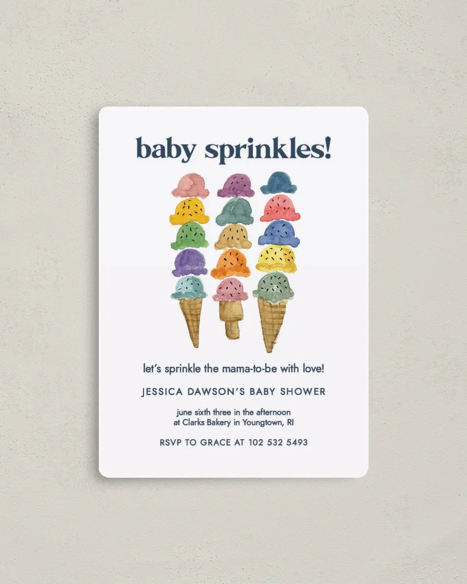 This is a 4" x 5½" Baby Shower Invitation Magnet called Joy Sprinkles printed in full color with a Luxe Satin finish