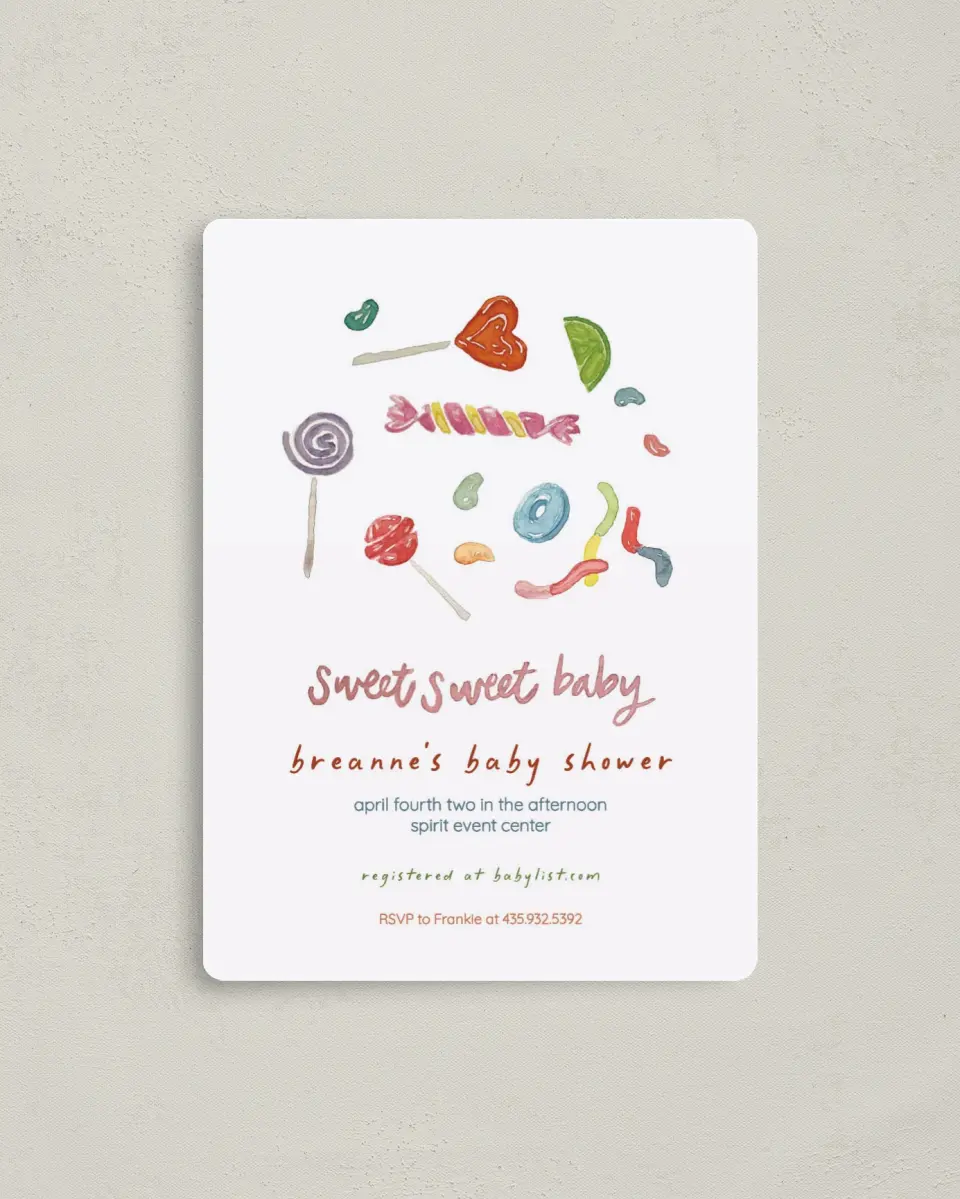 This is a 4" x 5½" Baby Shower Invitation Magnet called Sweet Surprise printed in full color with a Luxe Satin finish