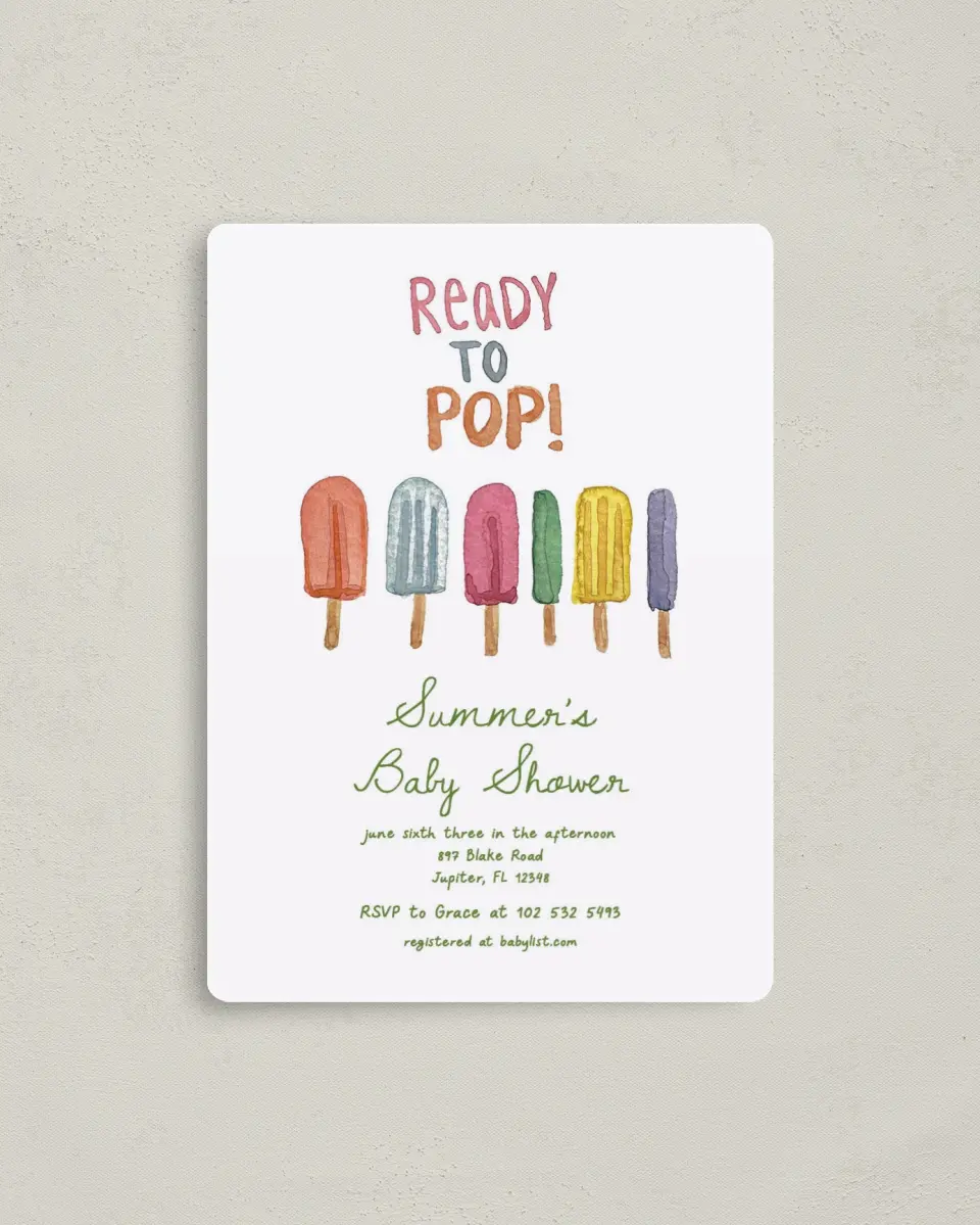 This is a 4" x 5½" Baby Shower Invitation Magnet called Summer Showers printed in full color with a Luxe Satin finish