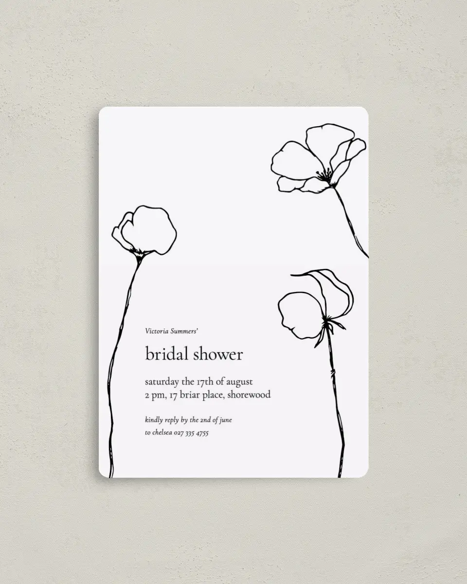 This is a 4" x 5½" Bridal Shower Invitation Magnet called Poppy Girl printed in full color with a Luxe Satin finish