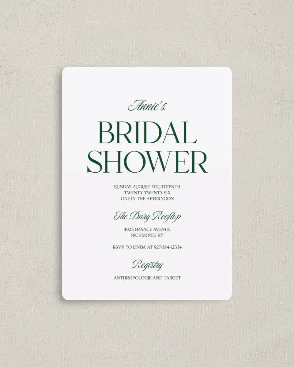 This is a 4" x 5½" Bridal Shower Invitation Magnet called Fancy Lady printed in full color with a Luxe Satin finish