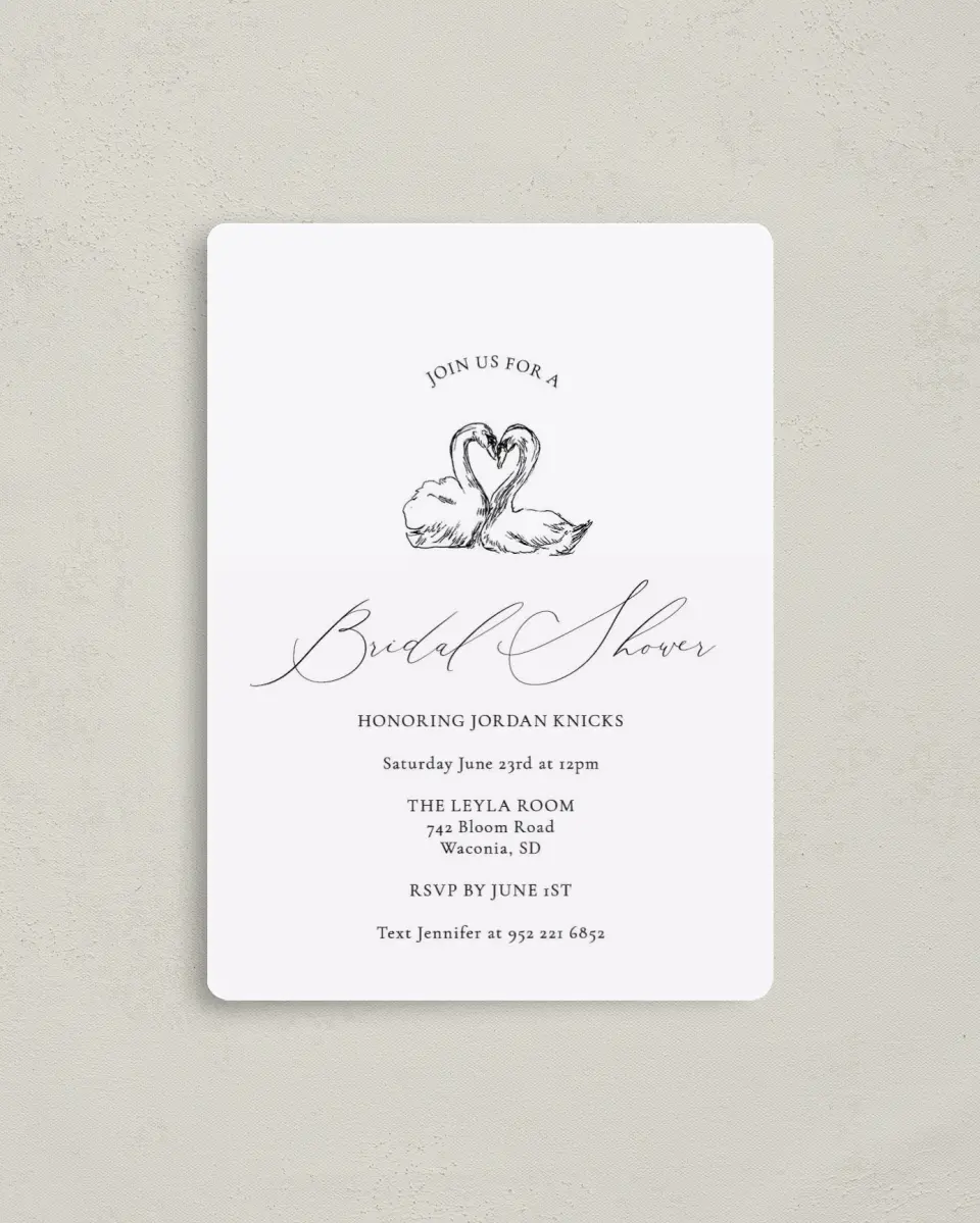 This is a 4" x 5½" Bridal Shower Invitation Magnet called Stunning Swans printed in full color with a Luxe Satin finish