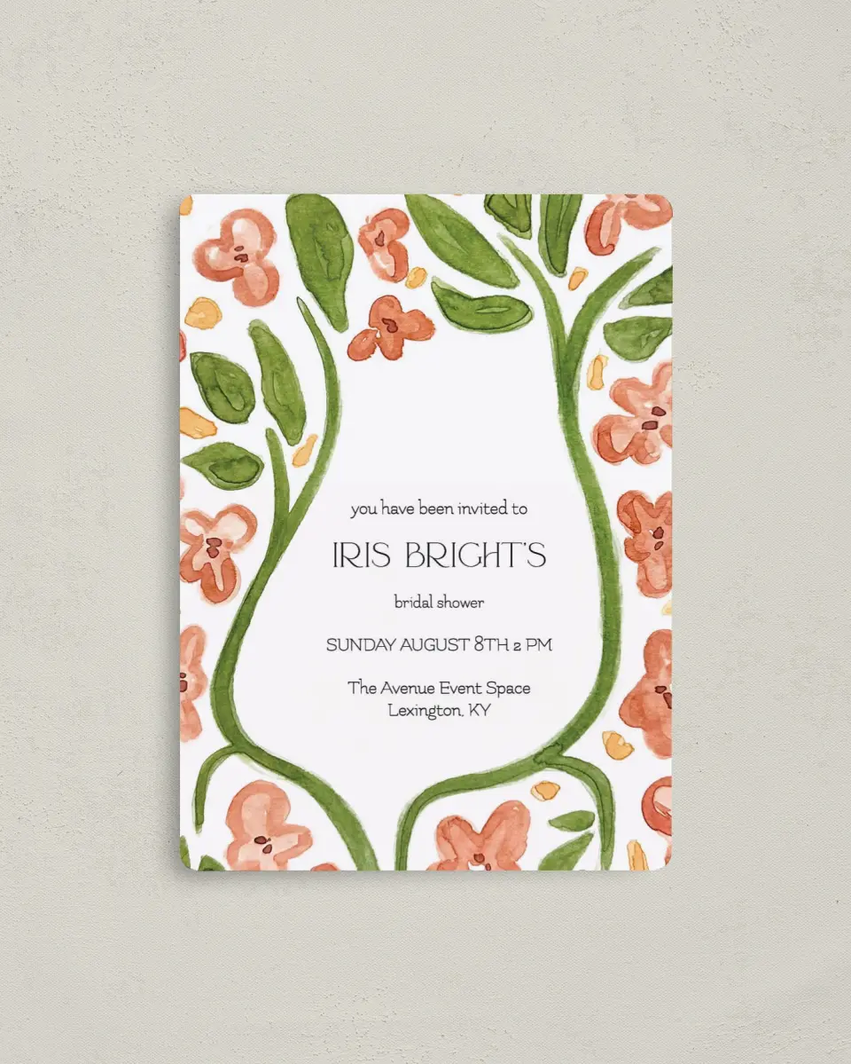 This is a 4" x 5½" Bridal Shower Invitation Magnet called Budding Blooms printed in full color with a Luxe Satin finish