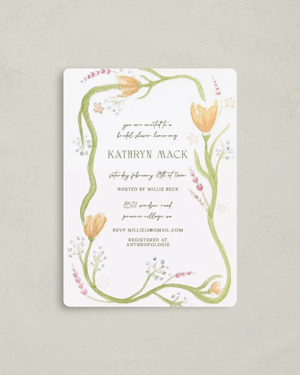 This is a 4" x 5½" Bridal Shower Invitation Magnet called Garden Party printed in full color with a Luxe Satin finish