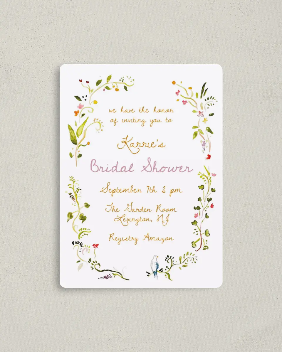 This is a 4" x 5½" Bridal Shower Invitation Magnet called Fairy Garden printed in full color with a Luxe Satin finish