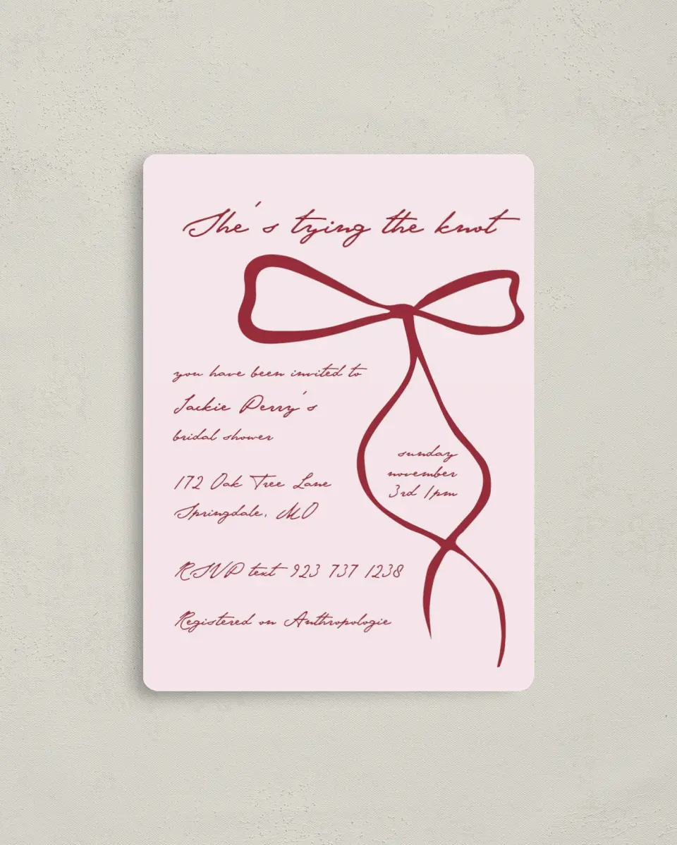 This is a 4" x 5½" Bridal Shower Invitation Magnet called Tied the Knot printed in full color with a Luxe Satin finish