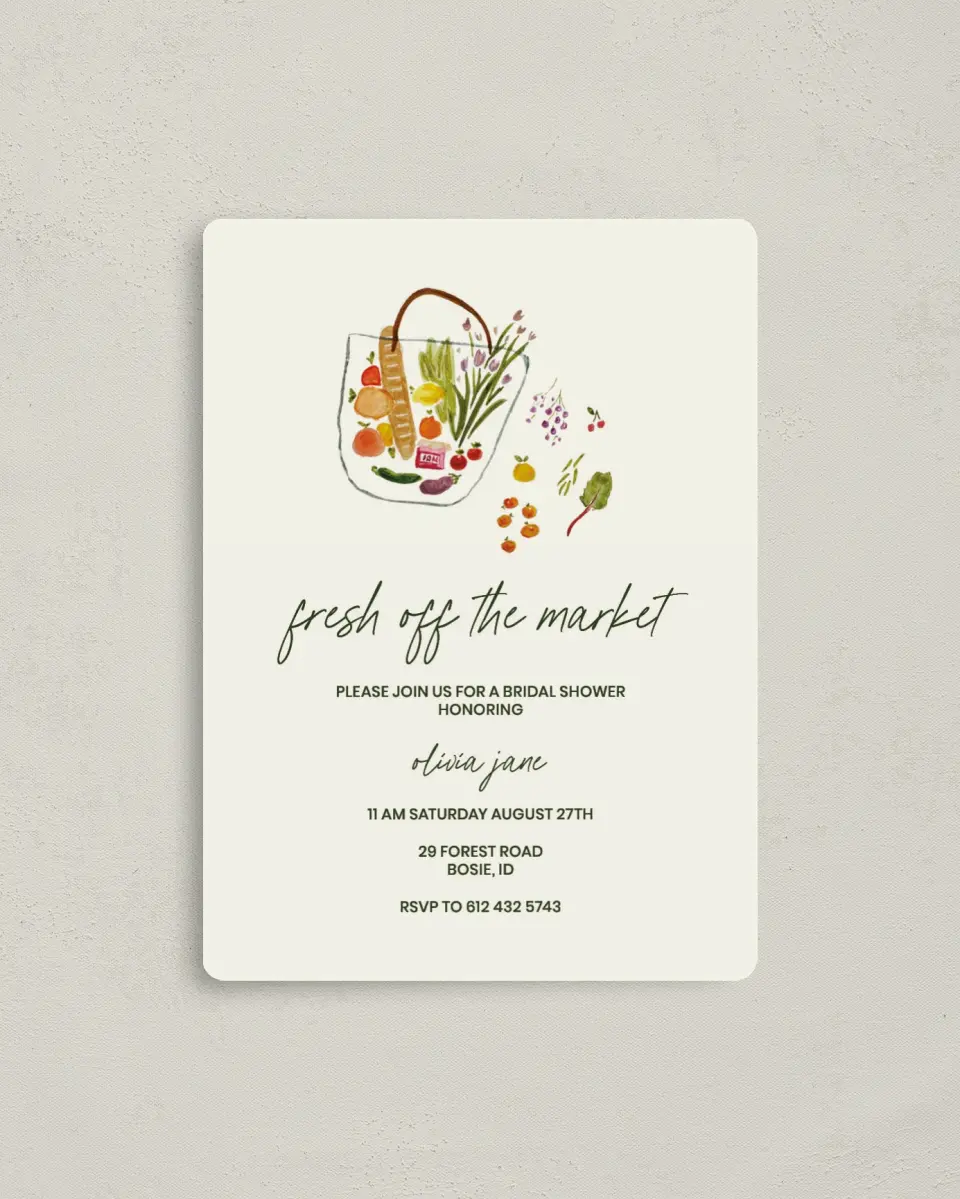 This is a 4" x 5½" Bridal Shower Invitation Magnet called Fresh for You printed in full color with a Luxe Satin finish