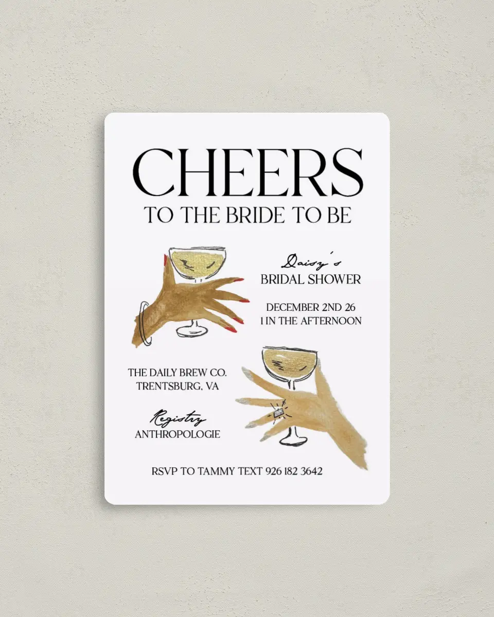 This is a 4" x 5½" Bridal Shower Invitation Magnet called Cheers! printed in full color with a Luxe Satin finish