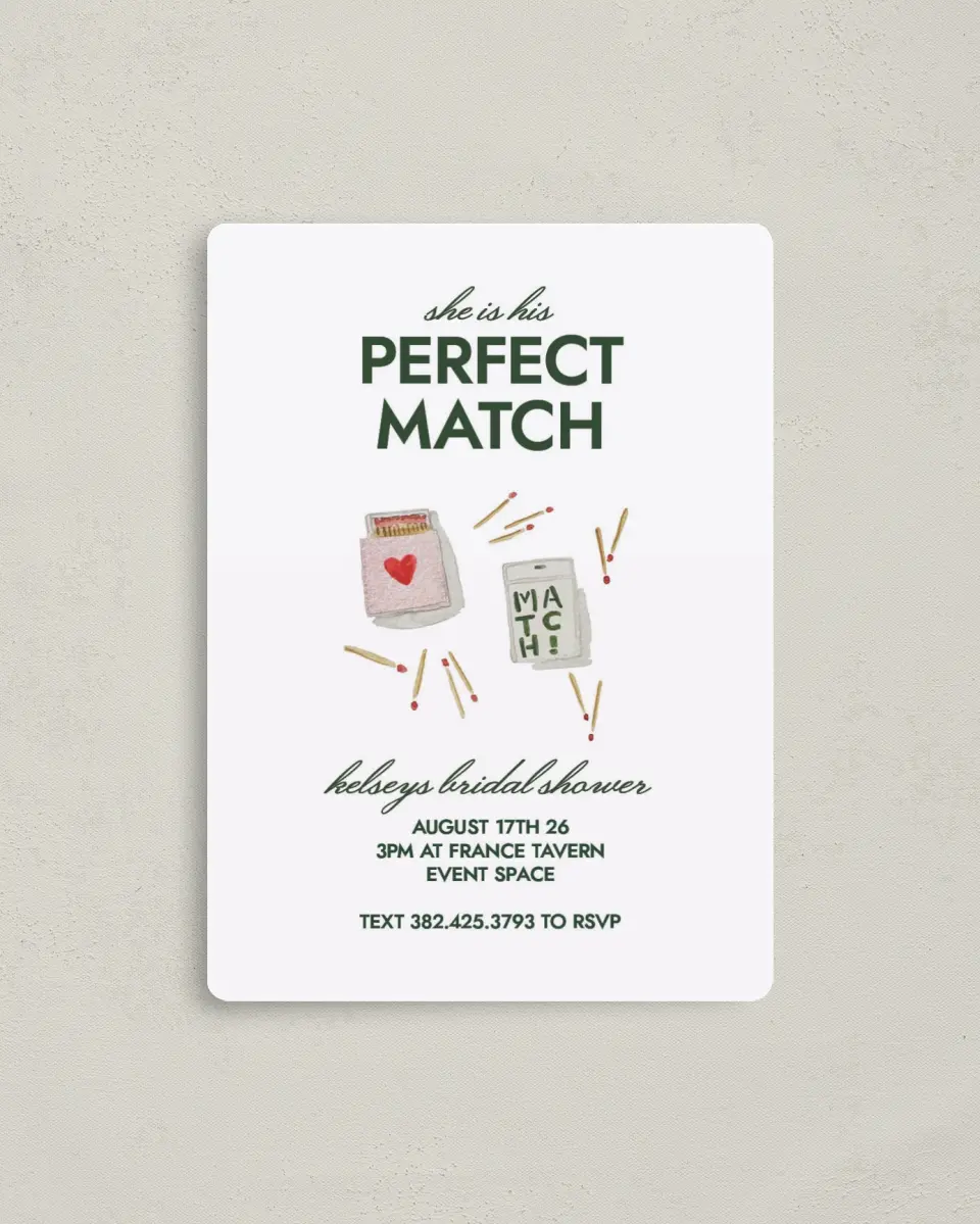 This is a 4" x 5½" Bridal Shower Invitation Magnet called Perfect Match printed in full color with a Luxe Satin finish