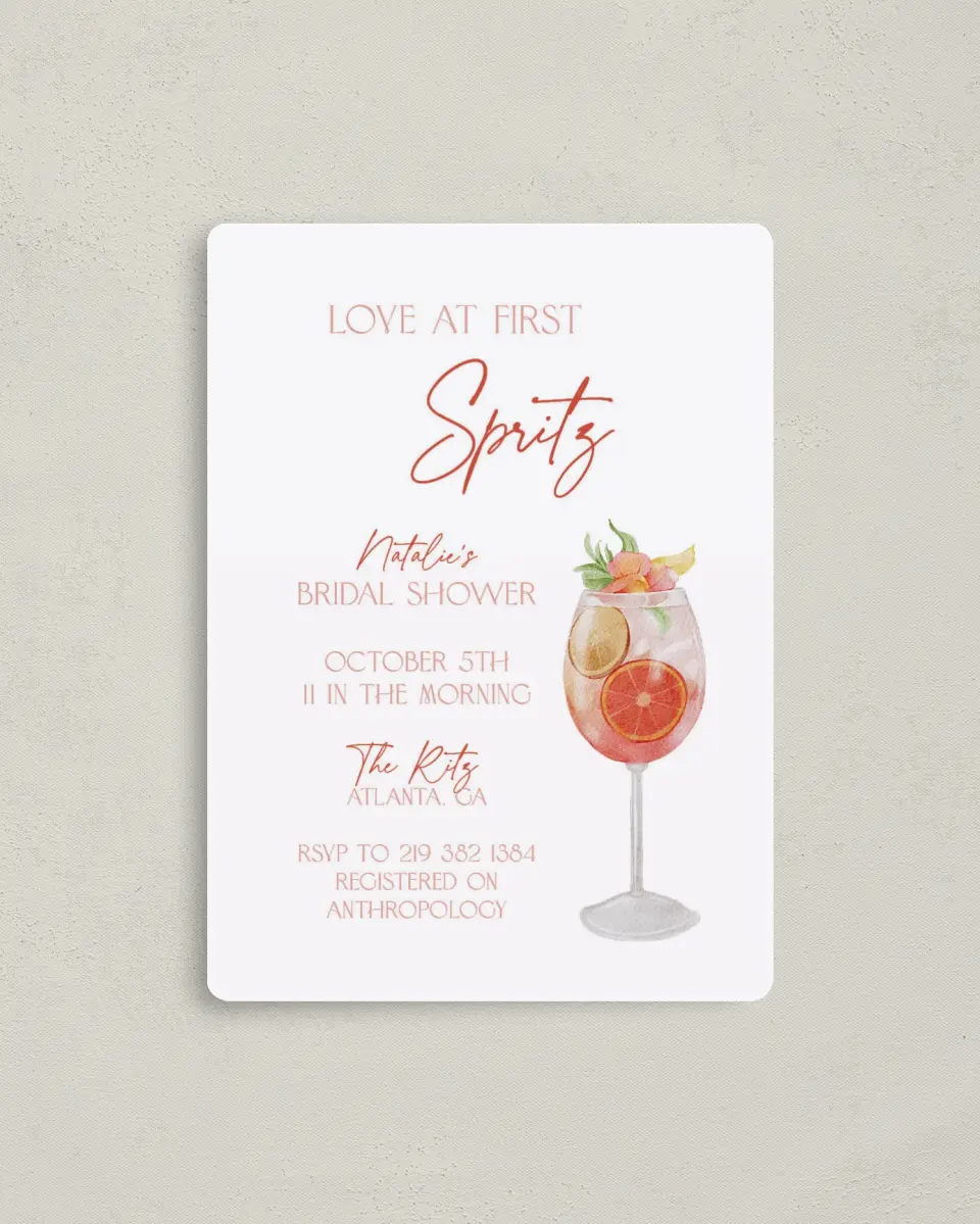 This is a 4" x 5½" Bridal Shower Invitation Magnet called Love at First Spritz printed in full color with a Luxe Satin finish