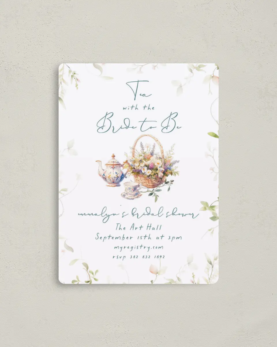This is a 4" x 5½" Bridal Shower Invitation Magnet called Tea Party for You printed in full color with a Luxe Satin finish