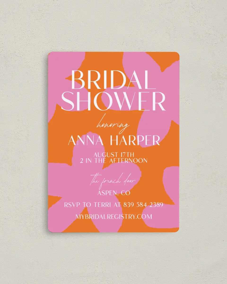 This is a 4" x 5½" Bridal Shower Invitation Magnet called Funky Fun printed in full color with a Luxe Satin finish