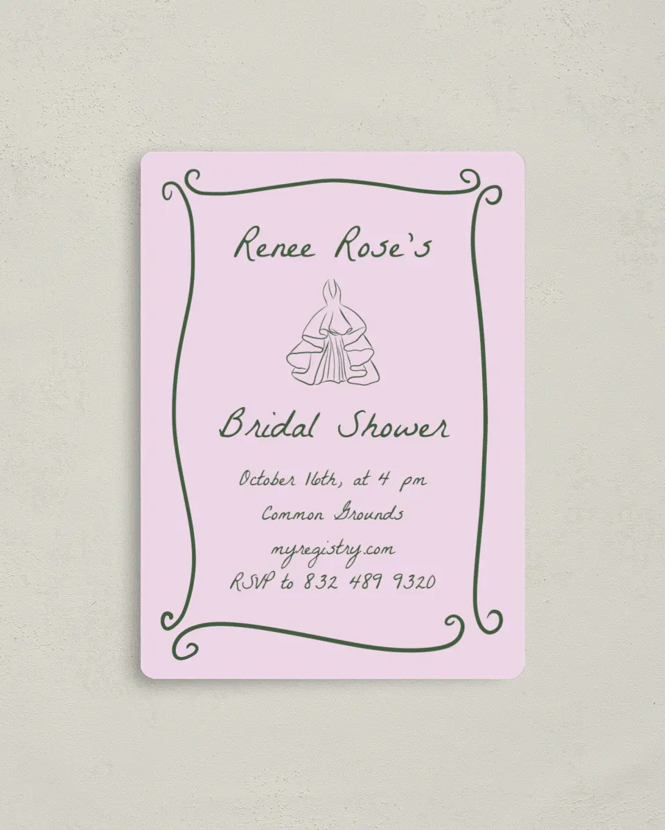 This is a 4" x 5½" Bridal Shower Invitation Magnet called Pretty & Frilly printed in full color with a Luxe Satin finish