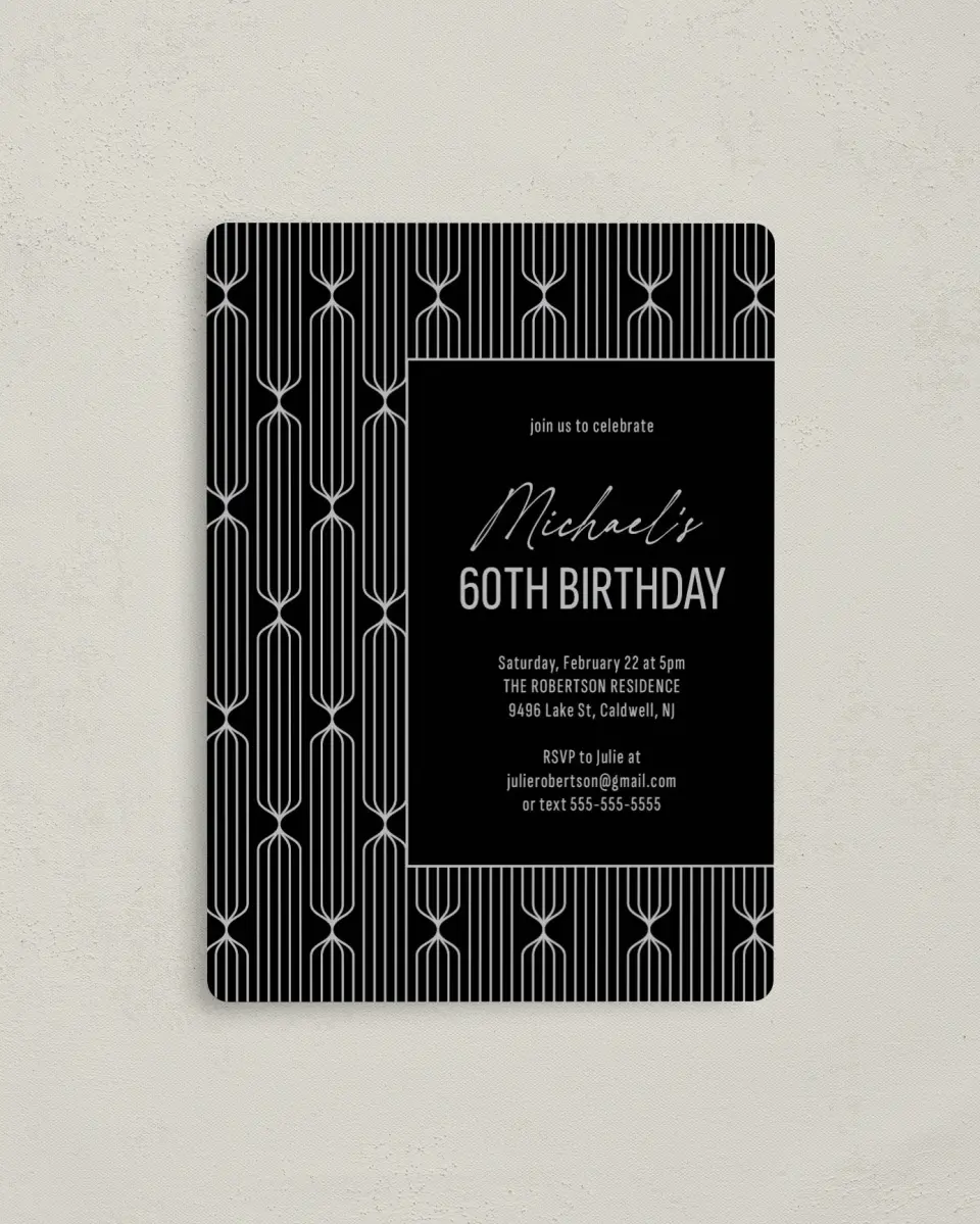 This is a 4" x 5½" Birthday Party Invitation called Silver & Sleek printed in full color with a Luxe Satin finish