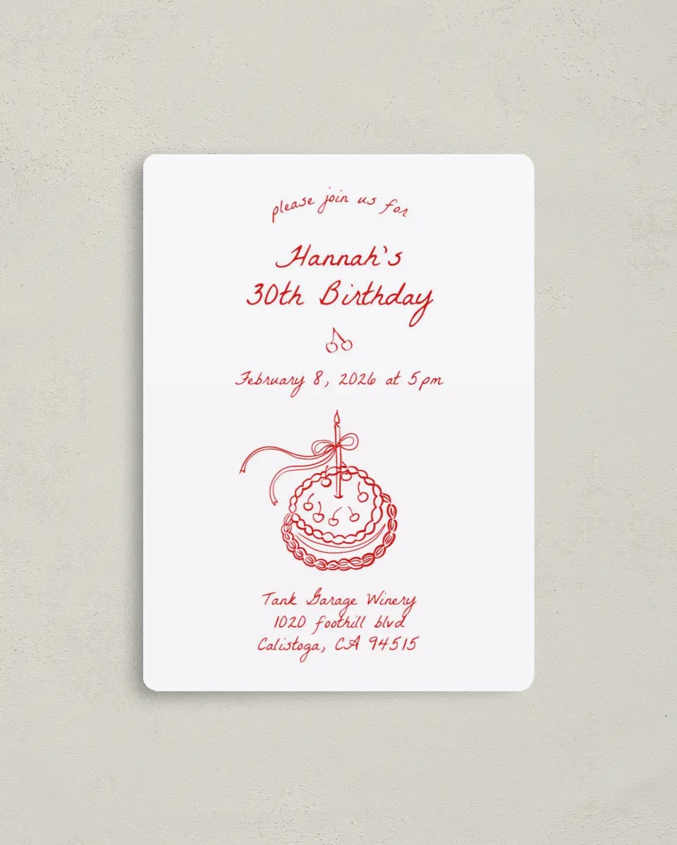 This is a 4" x 5½" Birthday Party Invitation called Charming Cake printed in full color with a Luxe Satin finish