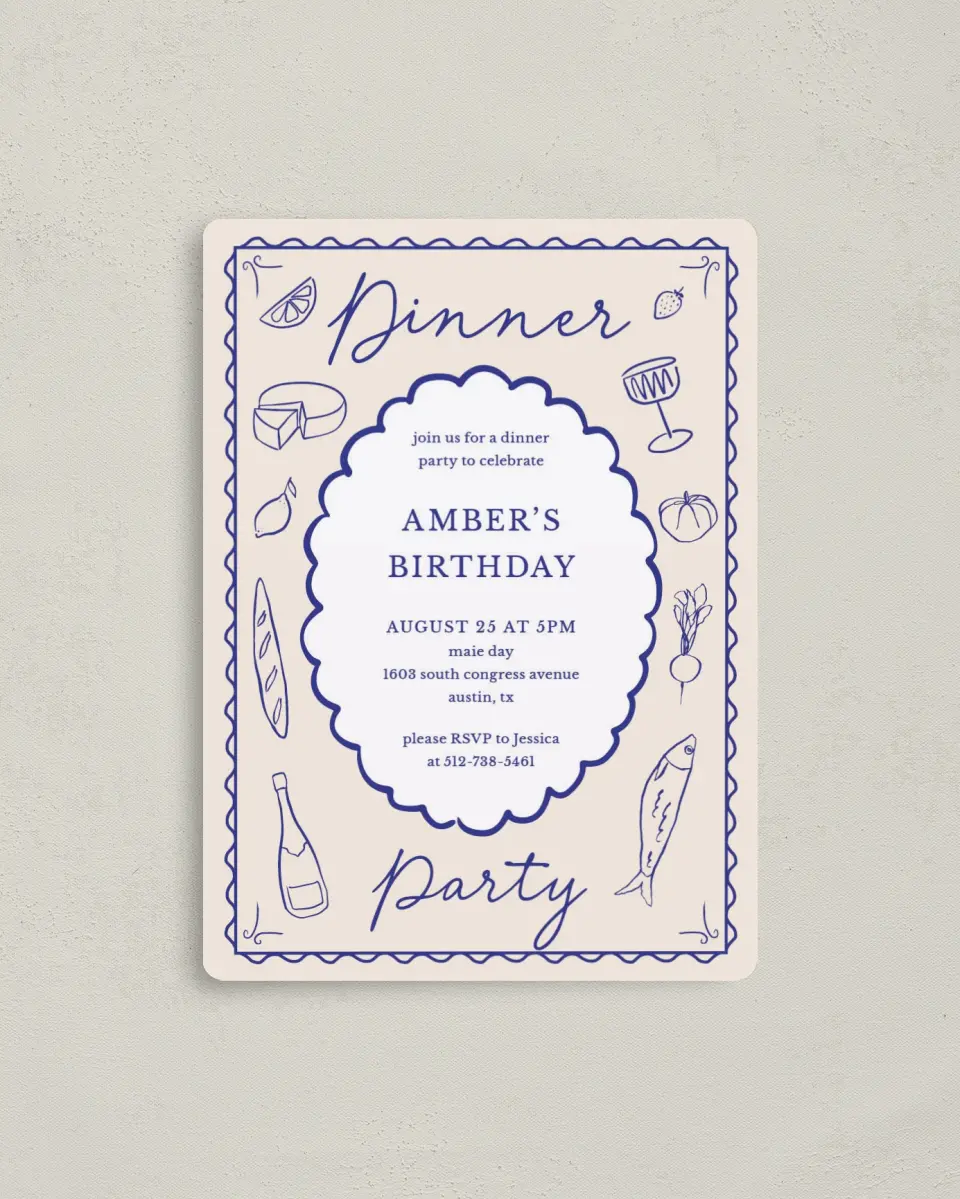 This is a 4" x 5½" Birthday Party Invitation called Dinner Party printed in full color with a Luxe Satin finish
