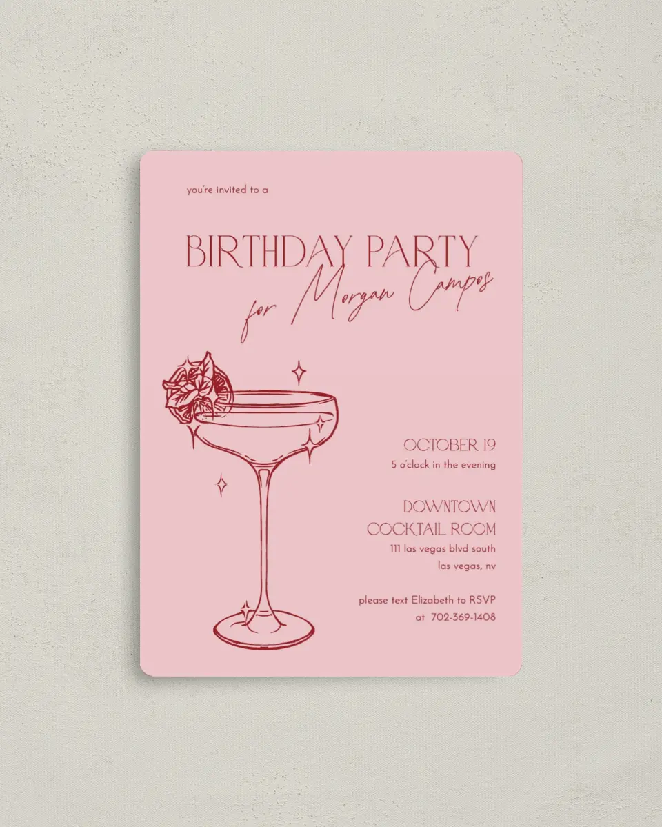 This is a 4" x 5½" Birthday Party Invitation called Cocktail Hour printed in full color with a Luxe Satin finish