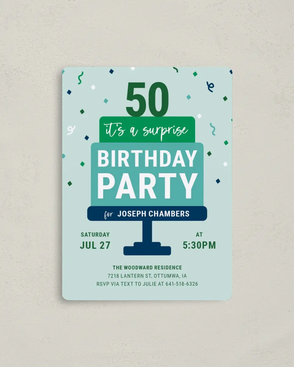 This is a 4" x 5½" Birthday Party Invitation called Stacked Surprise printed in full color with a Luxe Satin finish