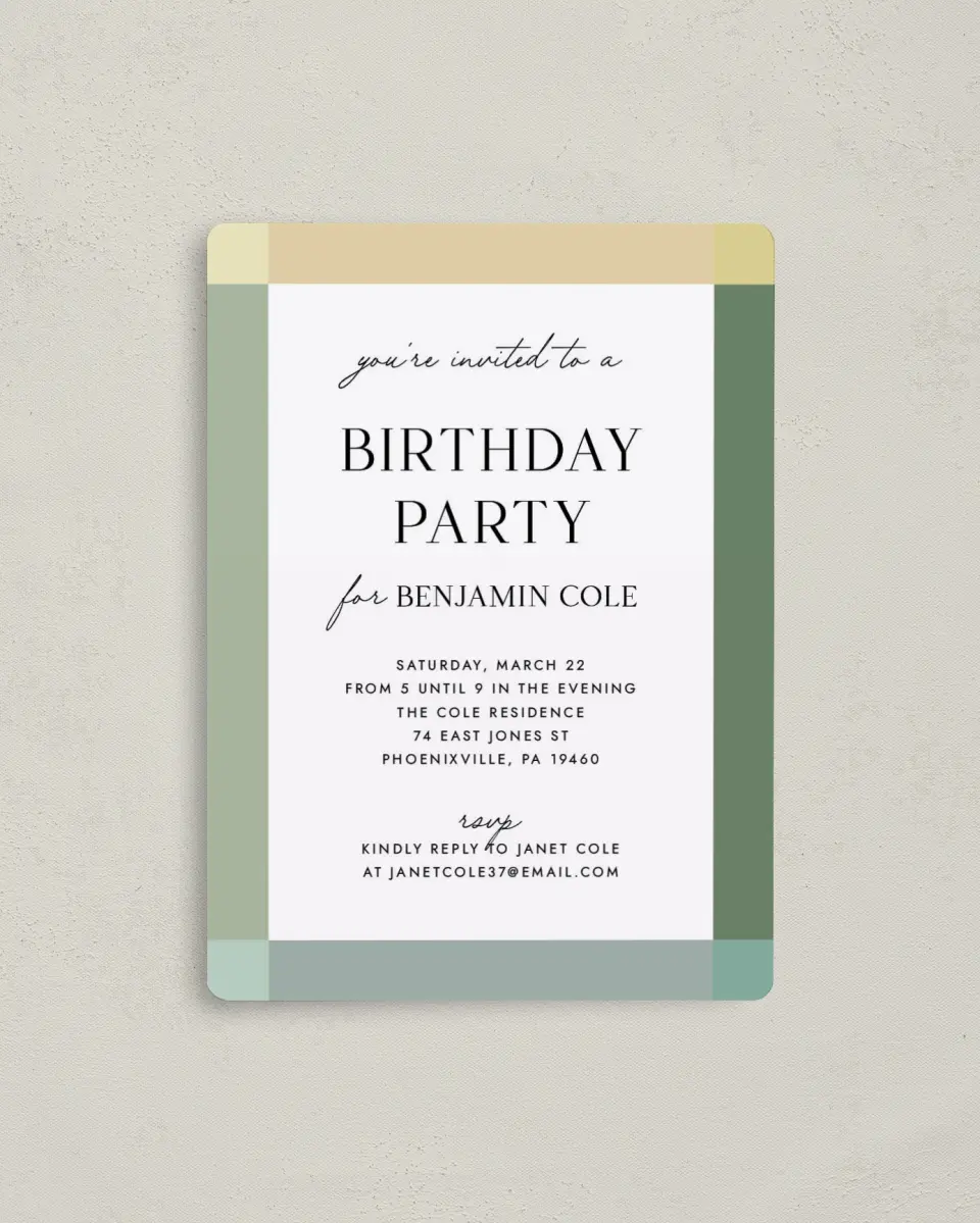 This is a 4" x 5½" Birthday Party Invitation called Colorblock Celebration printed in full color with a Luxe Satin finish