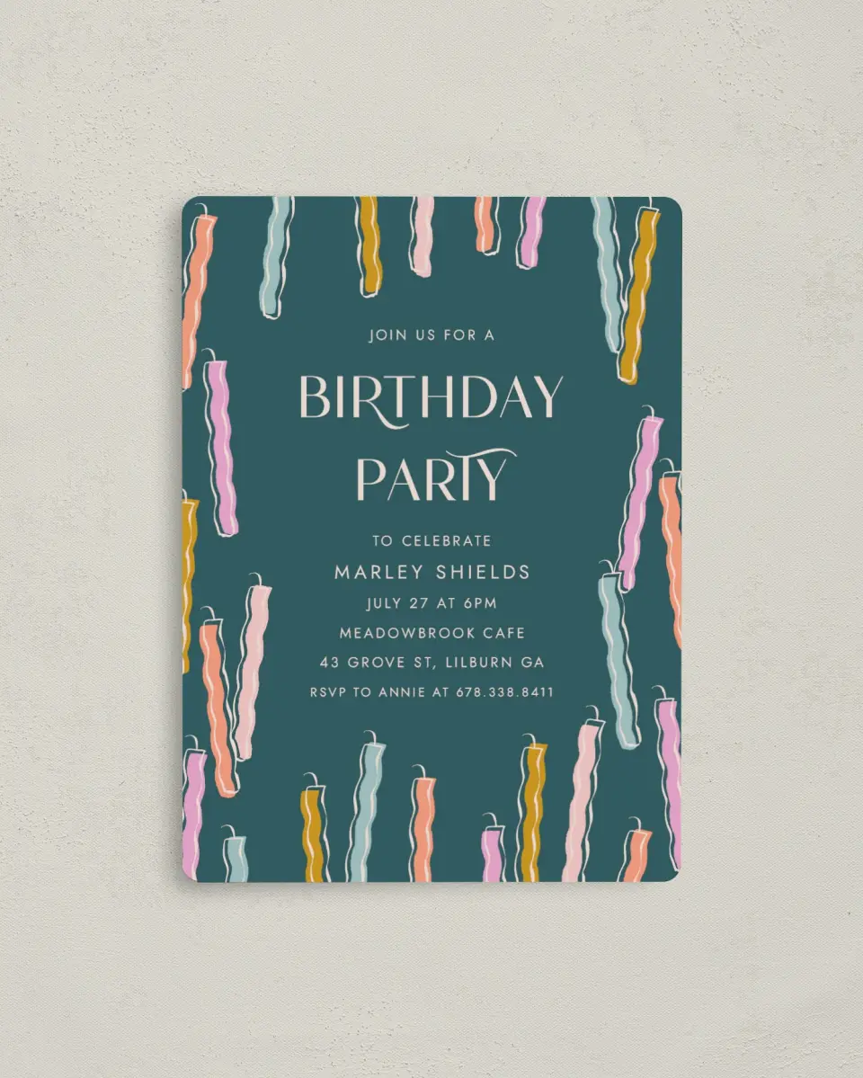 This is a 4" x 5½" Birthday Party Invitation called Candle Craze printed in full color with a Luxe Satin finish