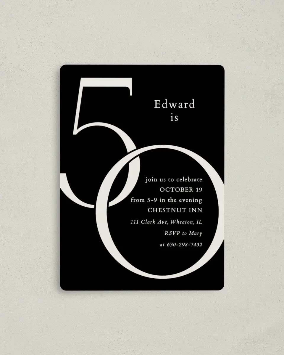 This is a 4" x 5½" Birthday Party Invitation called Big 50 printed in full color with a Luxe Satin finish