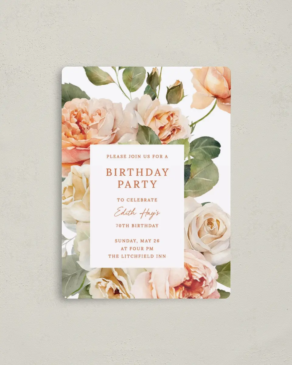 This is a 4" x 5½" Birthday Party Invitation called Rose Garden printed in full color with a Luxe Satin finish