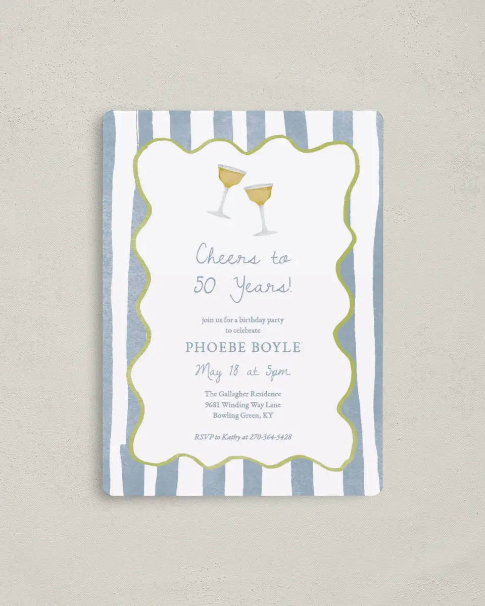This is a 4" x 5½" Birthday Party Invitation called Years of Cheers printed in full color with a Luxe Satin finish