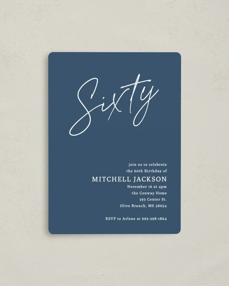 This is a 4" x 5½" Birthday Party Invitation called Sleek Script printed in full color with a Luxe Satin finish