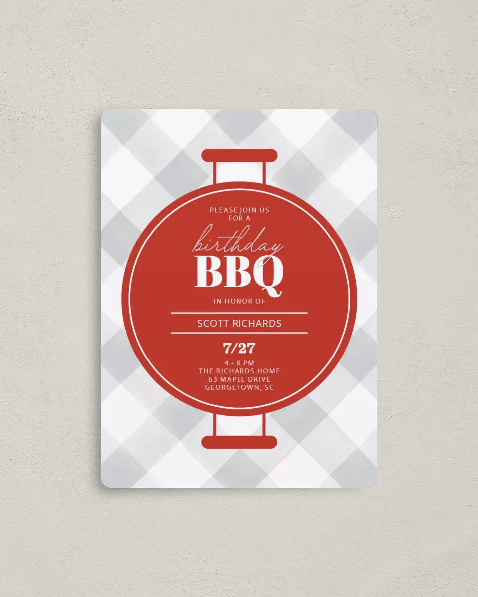 This is a 4" x 5½" Birthday Party Invitation called BBQ Bash printed in full color with a Luxe Satin finish