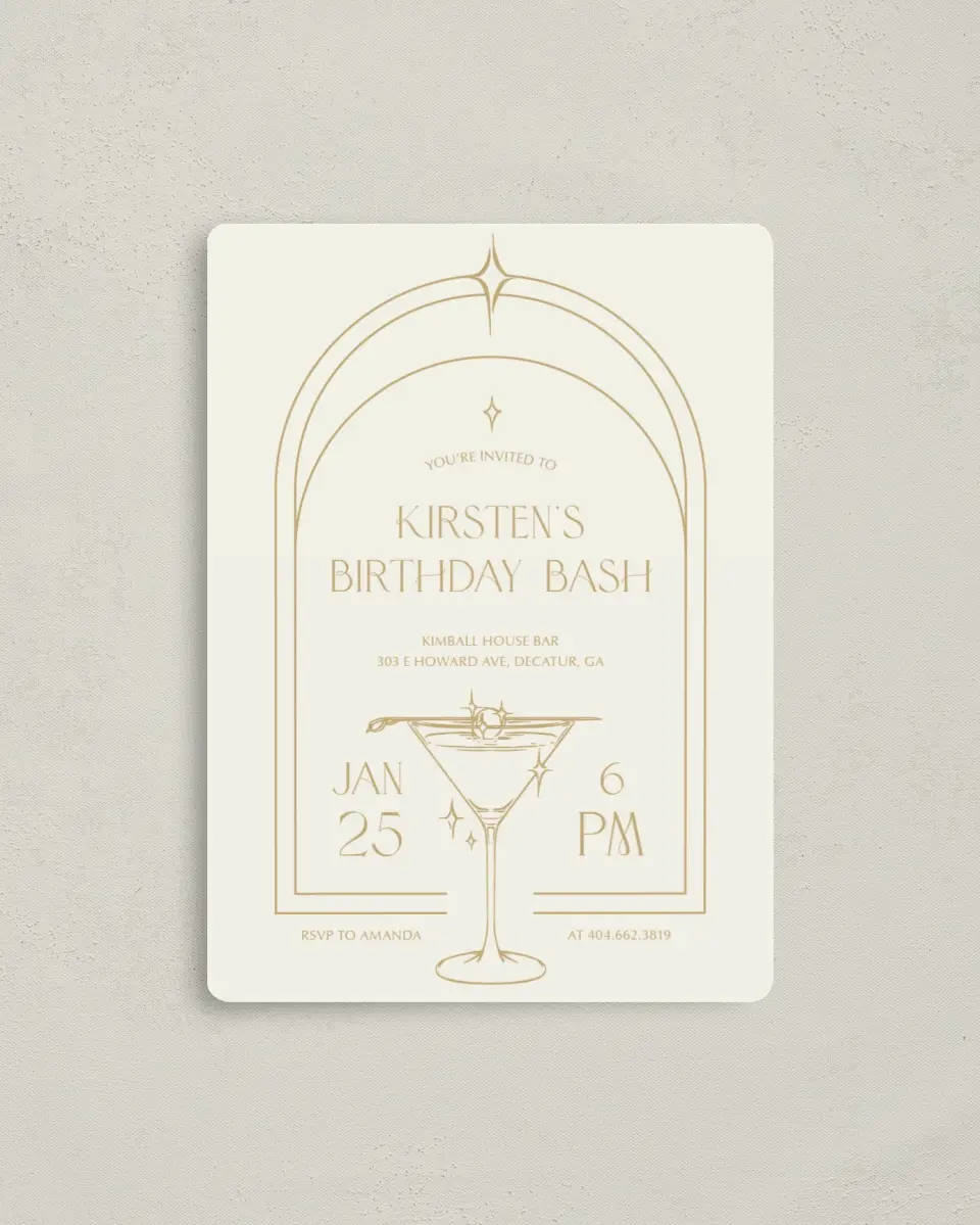 This is a 4" x 5½" Birthday Party Invitation called Sparkling Sips printed in full color with a Luxe Satin finish
