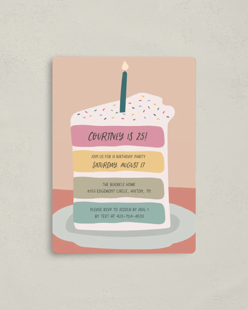 This is a 4" x 5½" Birthday Party Invitation called Confetti Cake printed in full color with a Luxe Satin finish
