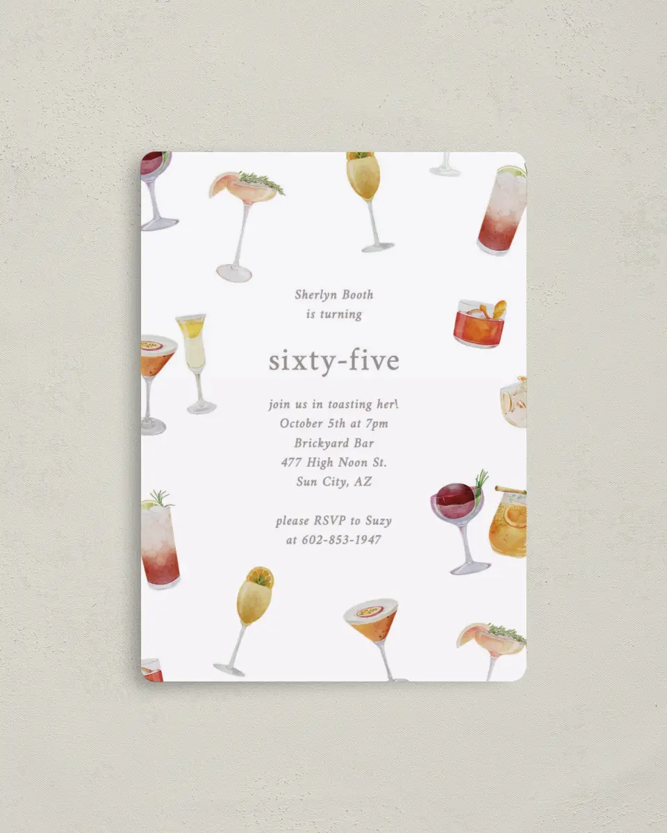 This is a 4" x 5½" Birthday Party Invitation called Sophisticated Spirits printed in full color with a Luxe Satin finish