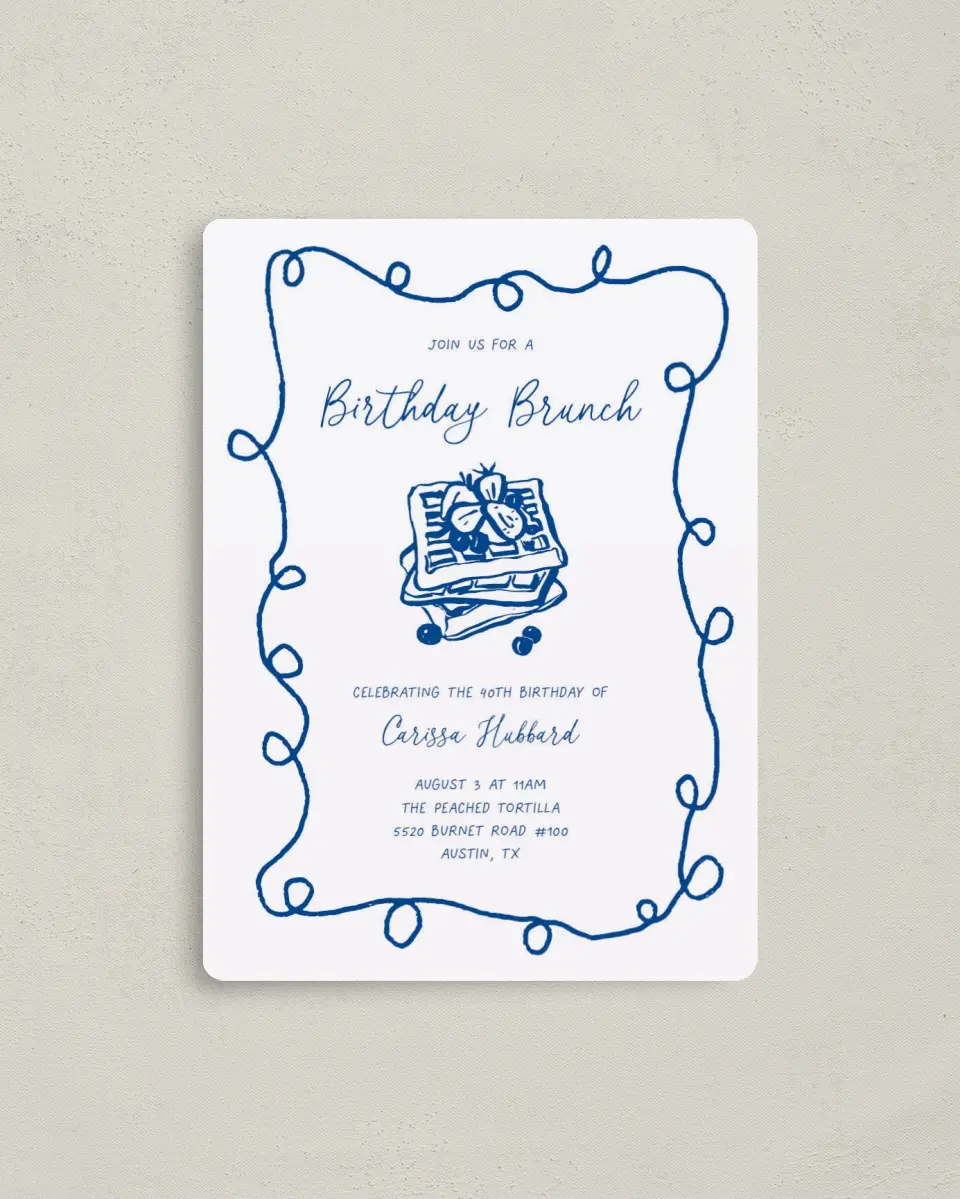 This is a 4" x 5½" Birthday Party Invitation called Birthday Brunch printed in full color with a Luxe Satin finish