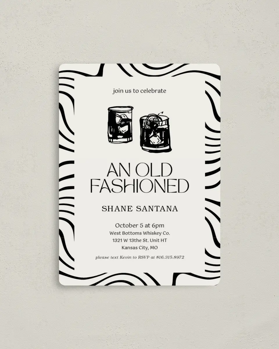 This is a 4" x 5½" Birthday Party Invitation called Old Fashioned printed in full color with a Luxe Satin finish