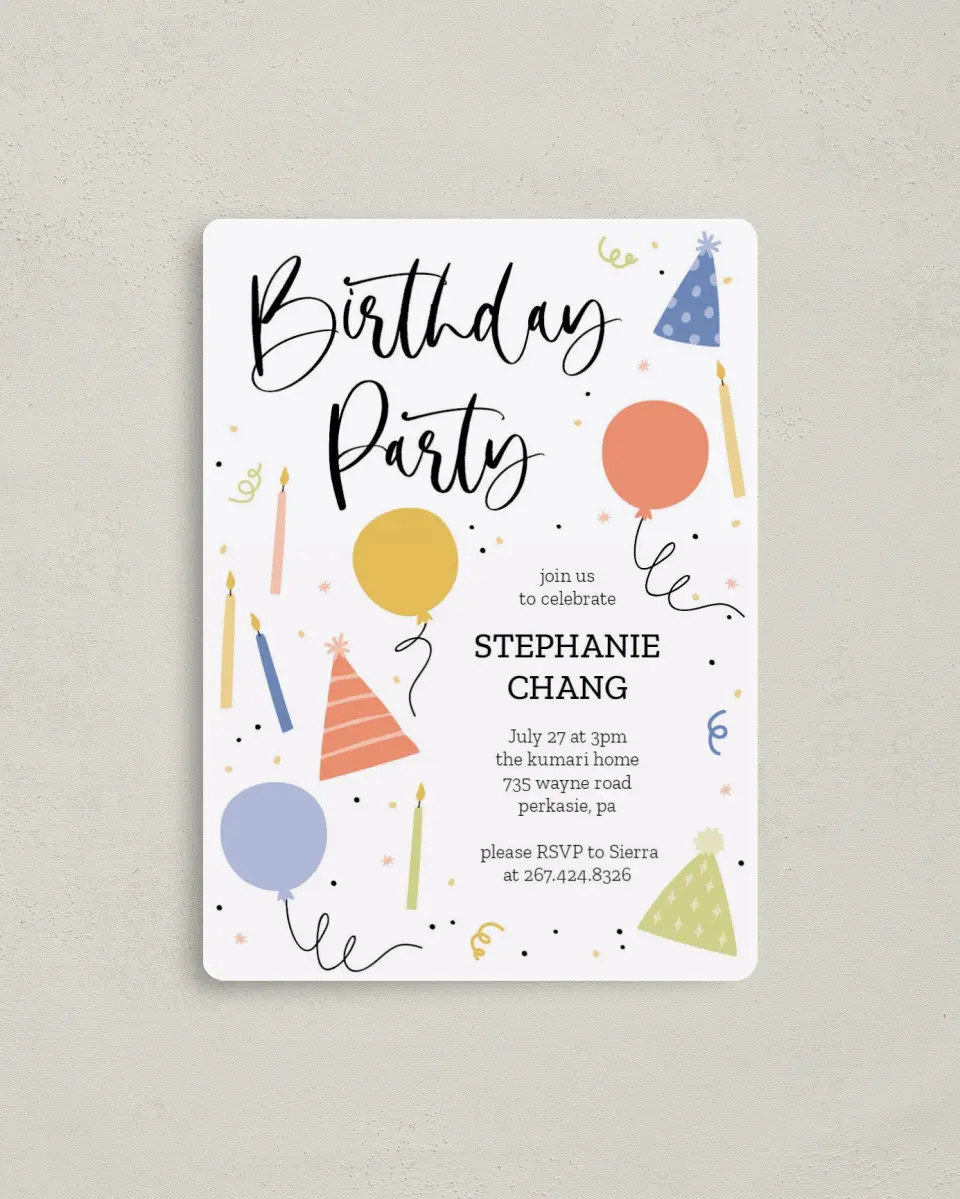 This is a 4" x 5½" Birthday Party Invitation called Birthday Bonanza printed in full color with a Luxe Satin finish