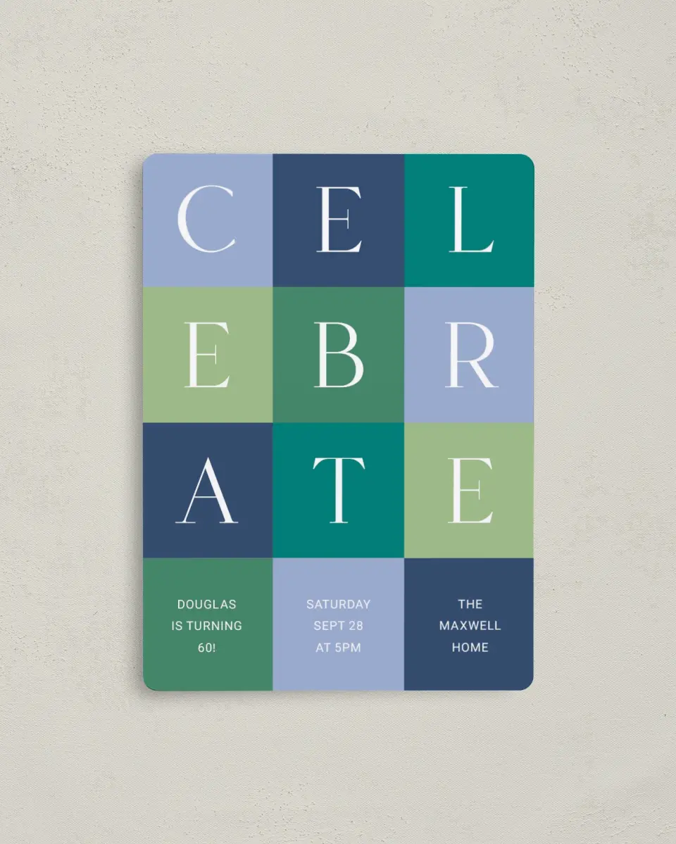 This is a 4" x 5½" Birthday Party Invitation called Block Party printed in full color with a Luxe Satin finish