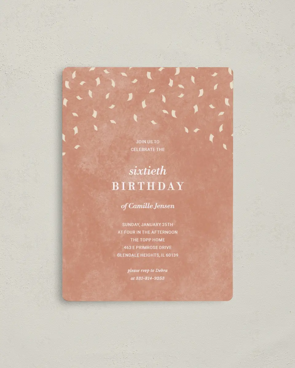 This is a 4" x 5½" Birthday Party Invitation called Cascading Confetti printed in full color with a Luxe Satin finish